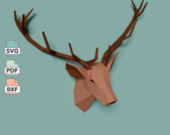 3D Deer Head Papercraft Template in SVG, DXF & PDF Formats, Low Poly Deer Wall Decor diy Paper Model