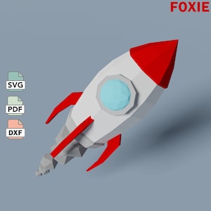 Papercraft de cohete espacial volador en formatos SVG, DXF, PDF, plantilla para crear un modelo 3D de baja poli de un cohete de papel.