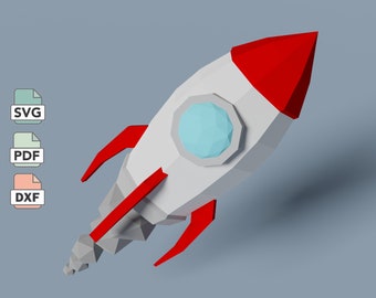 Flying space rocket papercraft in SVG, DXF, PDF formats, template for creating a low poly 3d model of paper rocket.