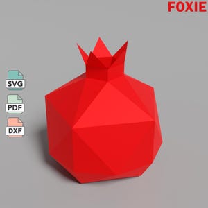 Red pomegranate papercraft template in DXF, SVG, PDF formats, low poly aesthetic pomegranate model, room decorations, craft kit for kids