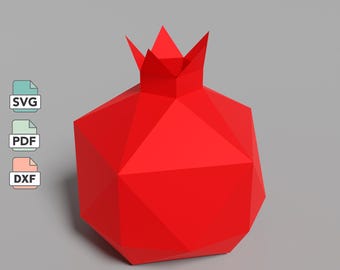 Red pomegranate papercraft template in DXF, SVG, PDF formats, low poly aesthetic pomegranate model, room decorations, craft kit for kids