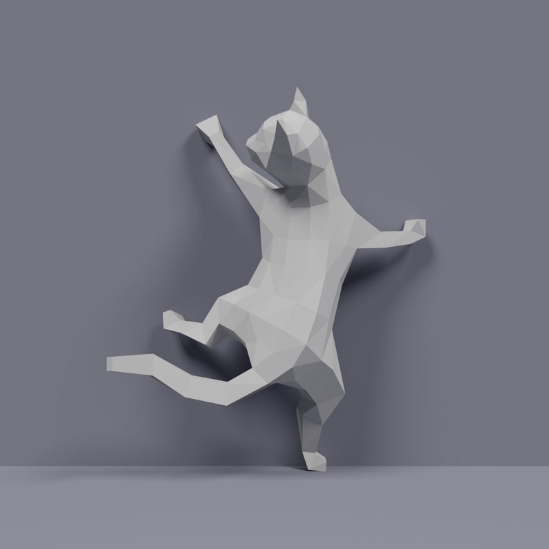 May include: A white origami cat sculpture in a playful pose, with one paw raised and its body contorted, as if it is climbing a wall.