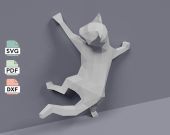 Climbing Cat Papercraft Template, Low Poly Wall Decor (SVG, DXF, PDF)