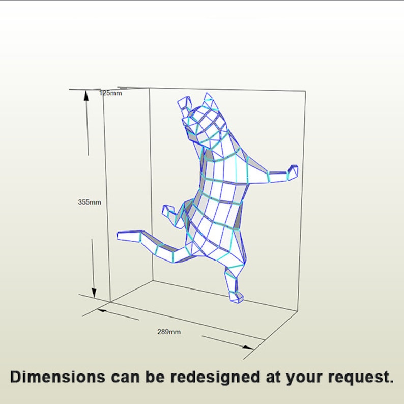 May include: A 3D paper model of a cat in a jumping pose. The model is made of white paper with blue lines. The model is 12.5 inches tall, 11.4 inches wide, and 14 inches long.