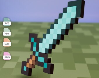 Pixel Sword Papercraft Template SVG PDF DXF Pdo | 3D Paper Model | Voxel Fantasy Weapon | Diy Printable Gamer Room Decor Gift Download