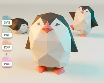 3D Penguin Papercraft Template in SVG, DXF & PDF Formats, Low Poly Penguin Paper Model, Sliding Diorama Animal Craft