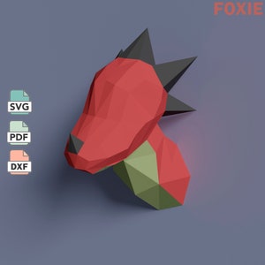 Modello papercraft testa di drago nei formati SVG, DXF e PDF, modello di modello di carta drago 3d low poly