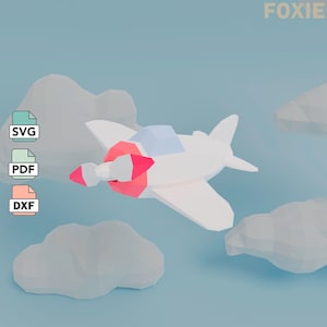 Papercraft airplane with propeller template, 3d low poly airplane model,