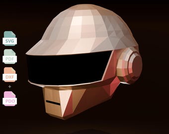 Silver Robot Dj Helmet Papercraft Template Thomas Bangalter Mask, Daft Punk Inspired, Low Poly Futuristic Helmet Diy Paper Model SVG PDF DXF