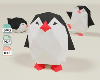 Standing Penguin Papercraft Template in SVG, DXF & PDF Formats, 3D Low Poly Penguin diy Paper Model, Animal Decor Craft