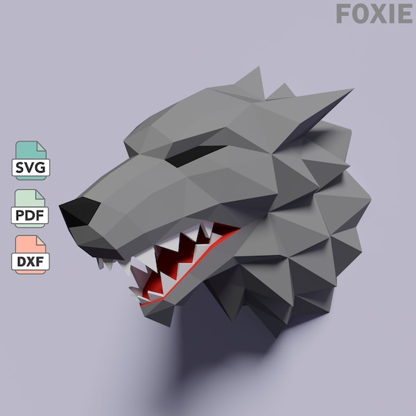 Wolf head papercraft template in SVG, PDF, DXF formats, paper model of dragon template for crating a 3d low poly dragon head in a wall