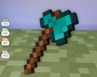 Pixel Diamond Axe Papercraft Template SVG PDF DXF Pdo | 3D Paper Model | Two Color Versions | Diy Printable Gamer Room Decor Download