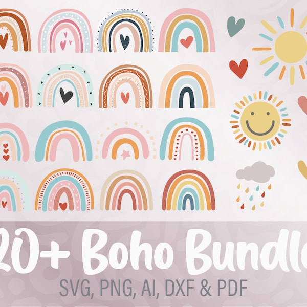 Pastel boho rainbow bundle | 20+ boho clipart | Sunshine svg | boho svg | nursery png | pastel rainbow svg | rainbow cricut cut file