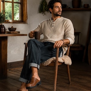 Handmade classic Swedish wooden clogs with a decorative stripe on the upper. Made of natural cowhide in brown leather and black wooden bottom. Available in women and men sizes. Made by BrescoClogs.
