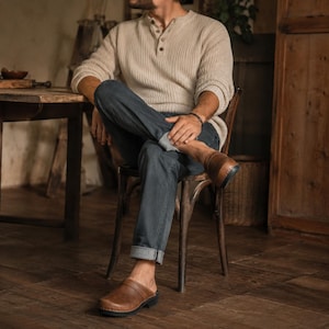 Men's Brown Leather Clogs: Handmade Wooden Sole Swedish Mules
