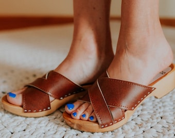 Leather Open Toe Clogs: Antic Brown Alder Wood Sandals