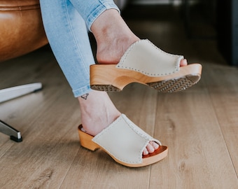 Handmade Beige Leather Clogs: Open Toe Swedish Wooden Slippers