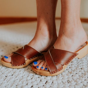 Leather Open Toe Clogs: Antic Brown Alder Wood Sandals
