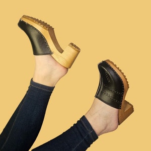 Handmade Black Leather High Heel Clogs: Perforated Swedish Wooden Shoes