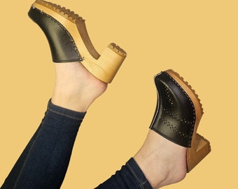 High Heel Black Leather Swedish Wooden Clogs women by BrescoClogs - Stylish Perforated Design