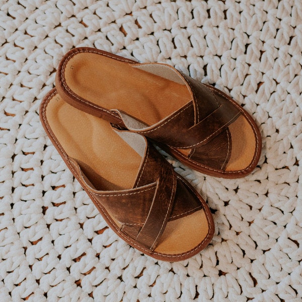 Cozy Leather Slip-On House Slippers for Men in brown leather and open toe