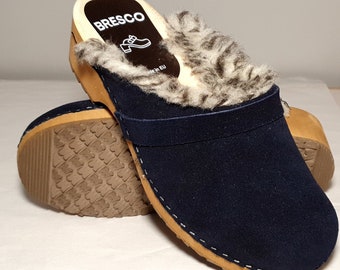 Navy Suede Clogs with Wool and Wooden Sole