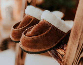 Wollen pantoffels dames: handgemaakte bruine suède Cozy House Shoes