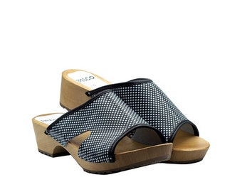Swedish Wooden Clogs: Black Dots Leather Open Toe Sandals