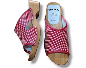 Red Polka Dot Leather Clogs: Open Toe Alder Wood Sandals