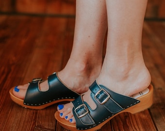 Navy Leather Clogs: Open Toe Alder Wood Buckle Sandals