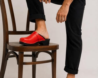 Men's Red Leather Clogs: Handmade Wooden Sole Scandinavian Mules