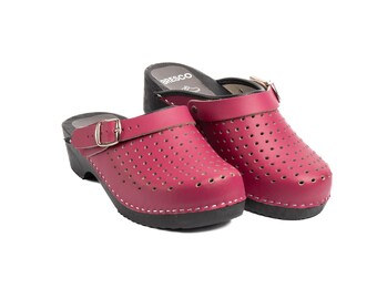 Men's Handmade Pink Leather Clogs: Wooden Sole, Adjustable Strap (EU 40-47)