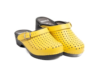 Men's Yellow Leather Clogs: Perforated Wooden Sole Mules (Sizes 40-47)