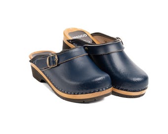 Men's Navy Leather Wooden Clogs: Handmade Adjustable Heel Strap