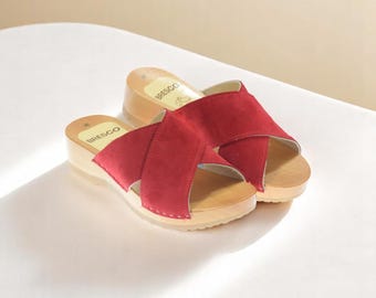 Red Suede Leather Clogs: Swedish Alder Wood Open Toe Sandals