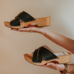 Leather Open Toe Clogs: Black Alder Wood Sandals