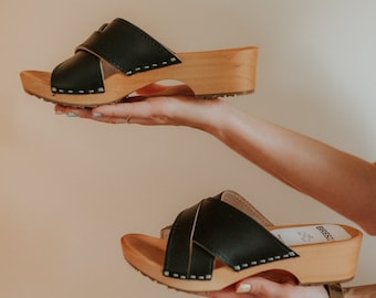 Leather Open Toe Clogs: Black Alder Wood Sandals