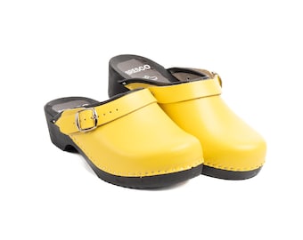 Yellow Leather Swedish Clogs: Men's Wooden Sole Adjustable Buckle