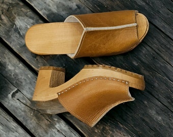 High heel Swedish wooden Clogs of natural brown leather with open toe uppers on high heels for women