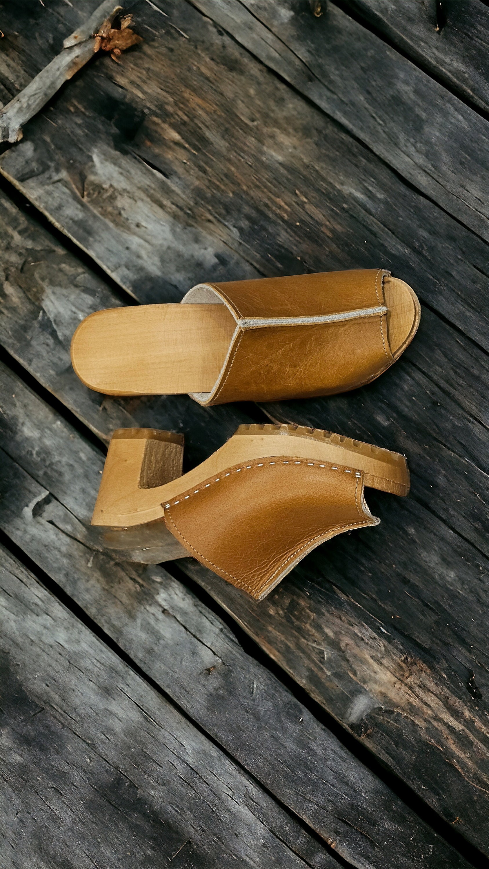High Heel Swedish Clogs: Brown Leather Open Toe Wooden Shoes
