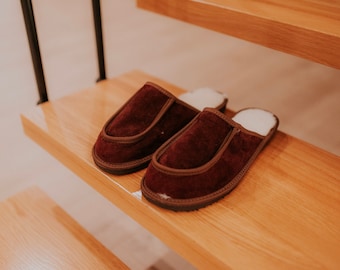 Brown Leather Slippers for Men: Wool Lined House Shoes