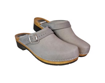 Gray Nubuck Men’s Wooden Clogs – Handmade, Buckle Heel Strap, Sizes 40-46 From Bresco Clogs