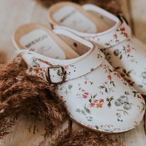 Swedish wooden clogs with buckle from flowers white real leather and alder wood in sizes for women and men
