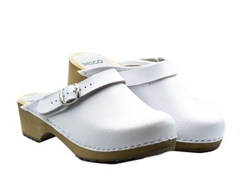 Swedish wooden clogs with buckle from white real leather and alder wood in sizes for women and men