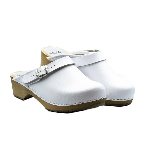 Swedish wooden clogs with buckle from white real leather and alder wood in sizes for women and men