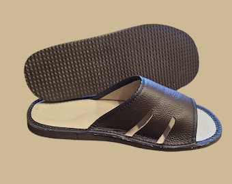 Cozy Leather Slip-On House Slippers for Men in dark brown leather and open toe