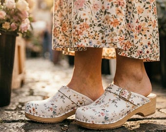 Floral Leather Clogs – Handmade Swedish Wooden Mules