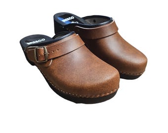 Handmade Swedish Wooden Clogs: Brown Leather Strap, Ankle Buckle