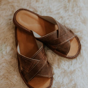 men slippers leather with open toe. house shoes for men with brown leather and rubber sole.