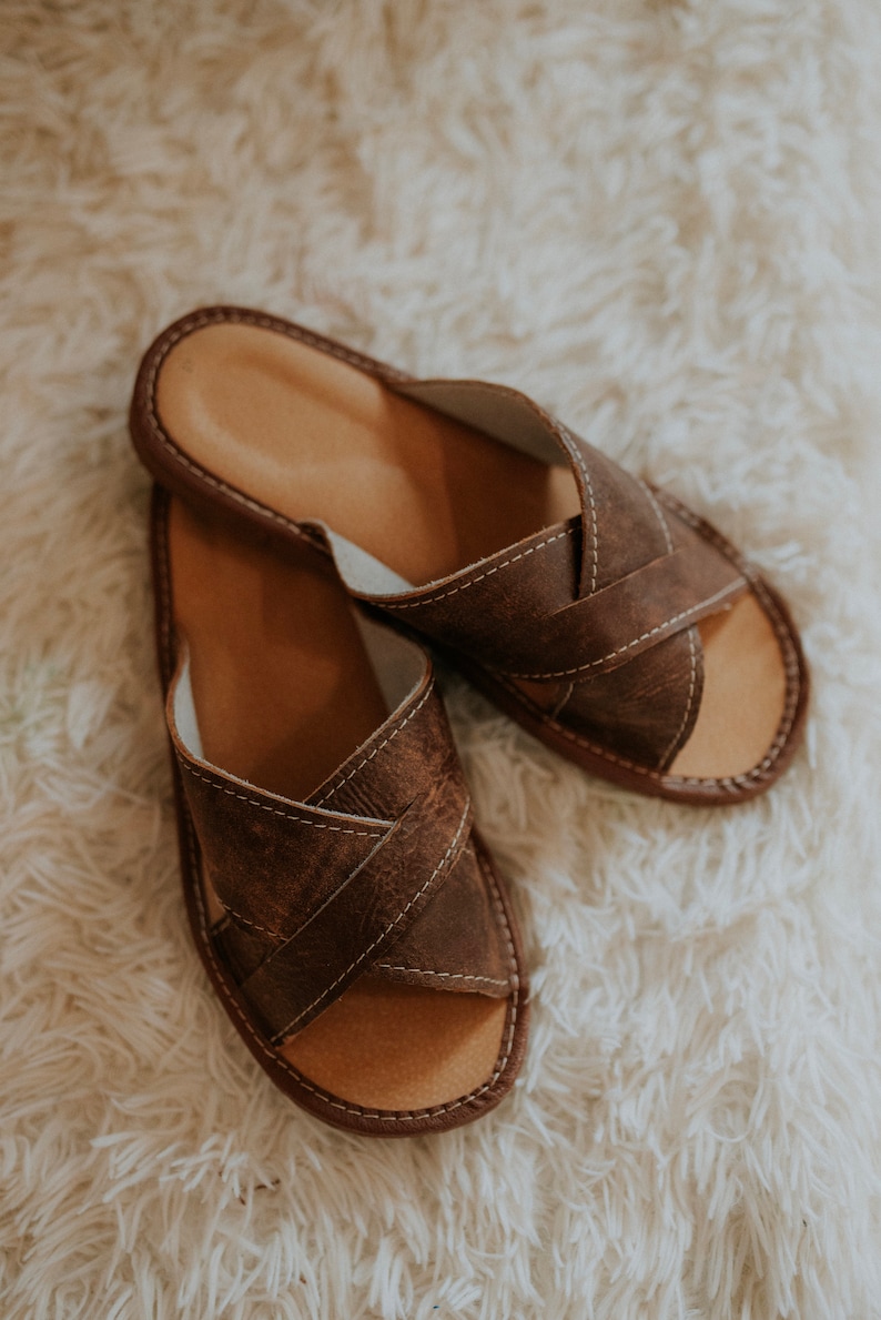 men slippers leather with open toe. house shoes for men with brown leather and rubber sole.